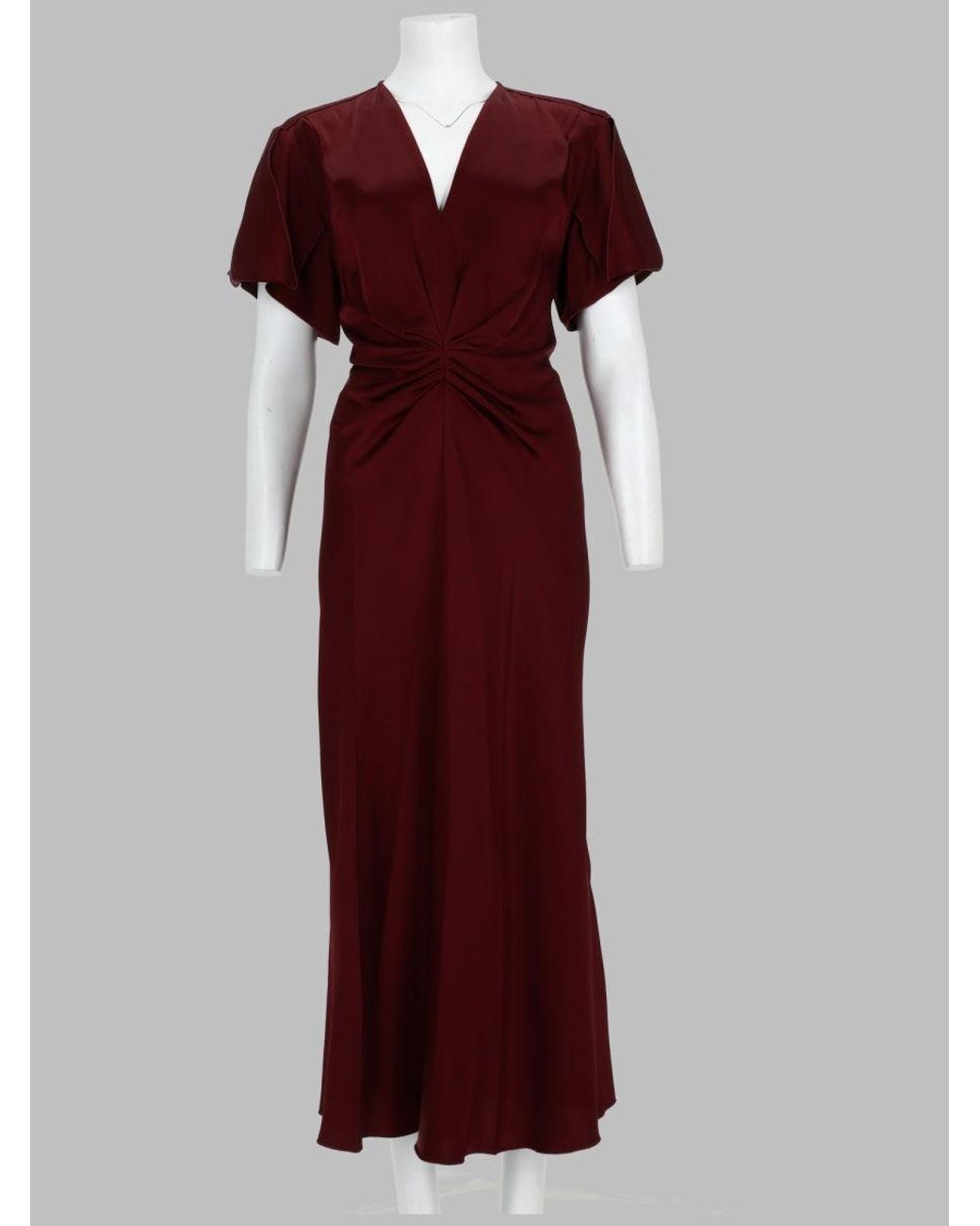 Victoria Beckham Red Ruched V-Neck Flutter Sleeve Maxi Dress