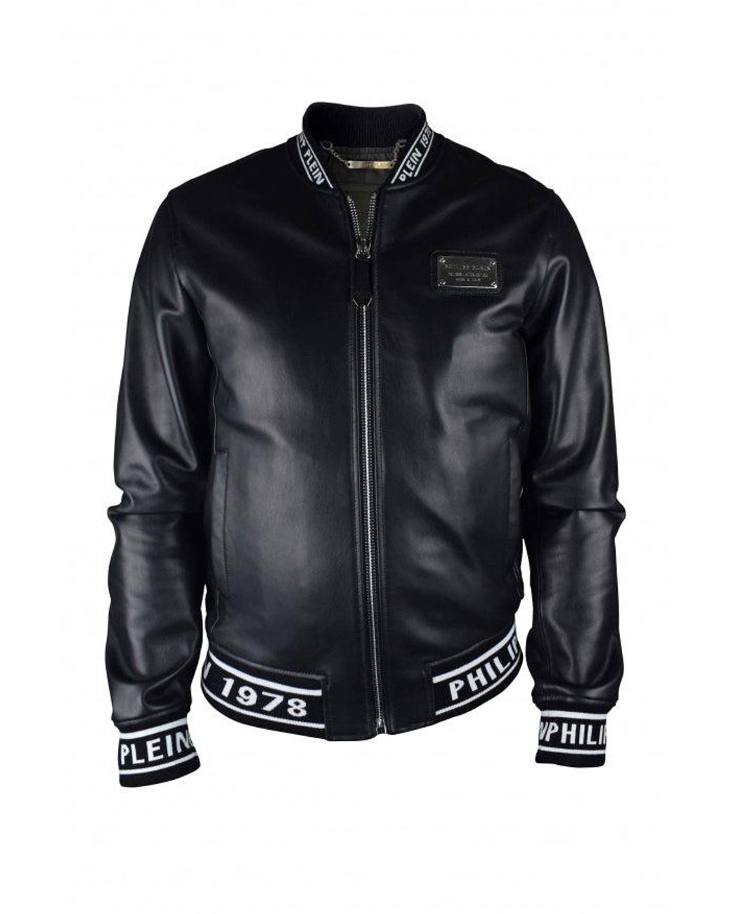 Philipp Plein Black Leather Bomber Jacket With Logo Accents