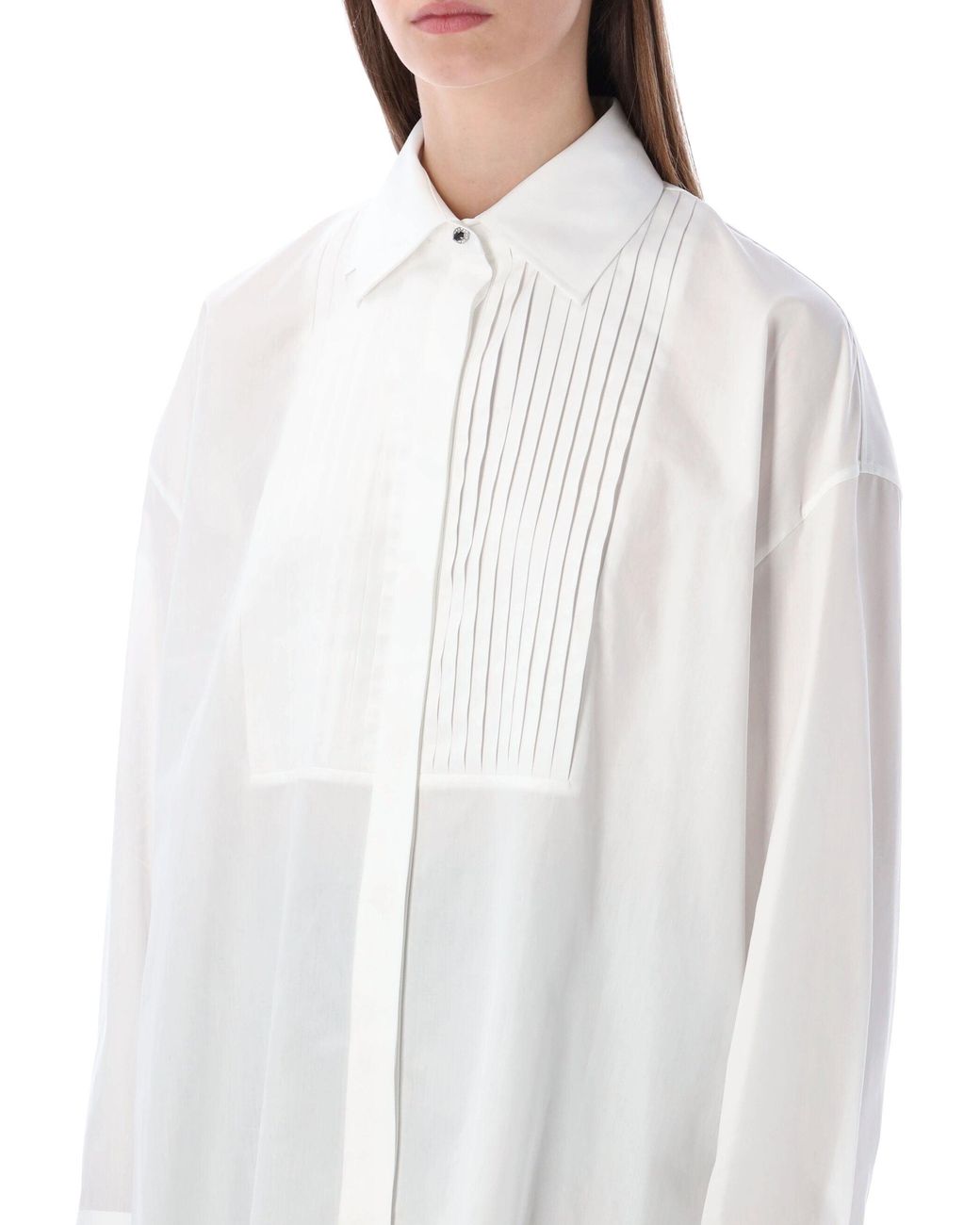 Golden Goose Deluxe Brand White Oversized Cotton Shirt With Pleated Bib And Jewel Buttons