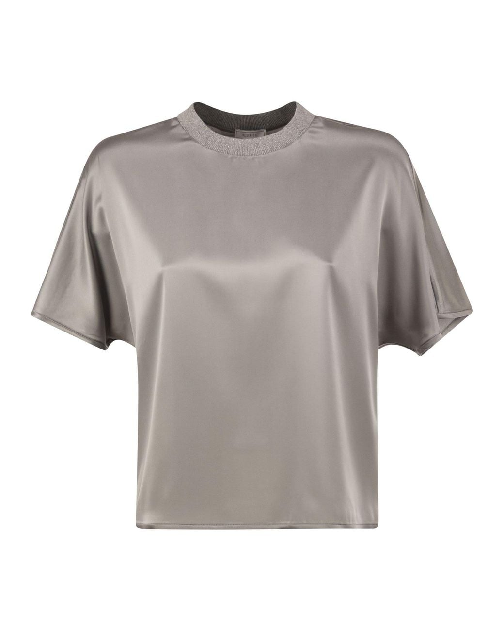 Peserico Gray Stretch Silk Blouse With Lurex Knit Neckline