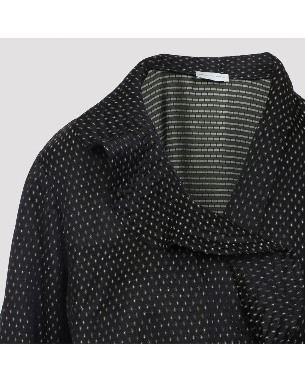 Dries Van Noten Black Calberton Shirt With Ruffled Neck And Geometric Pattern