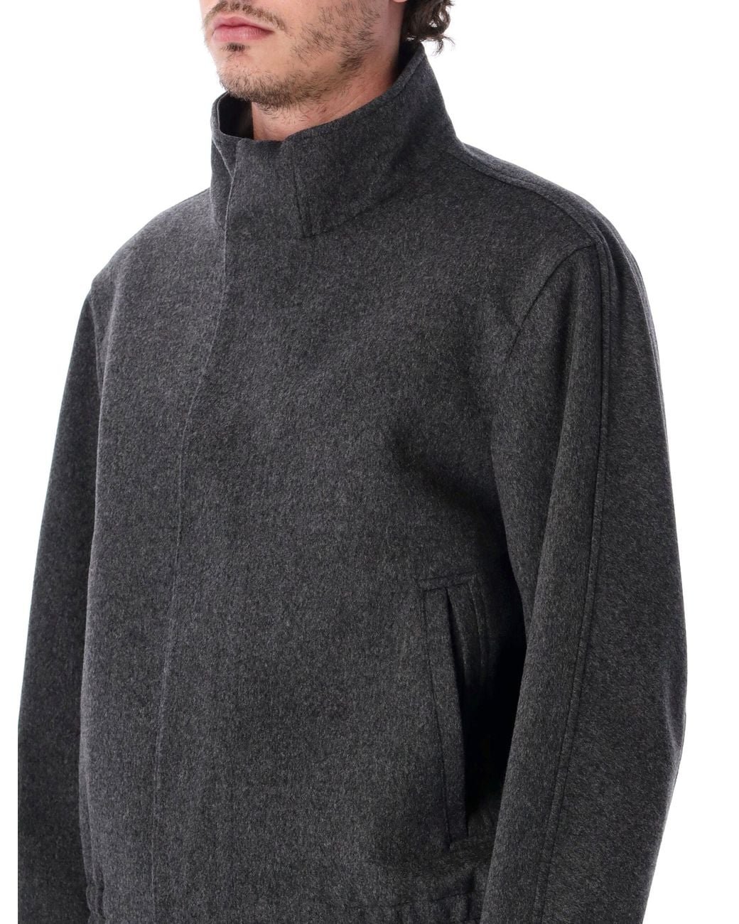 Lardini Black Wool Bomber Jacket With High Stand Collar And Concealed Front for men