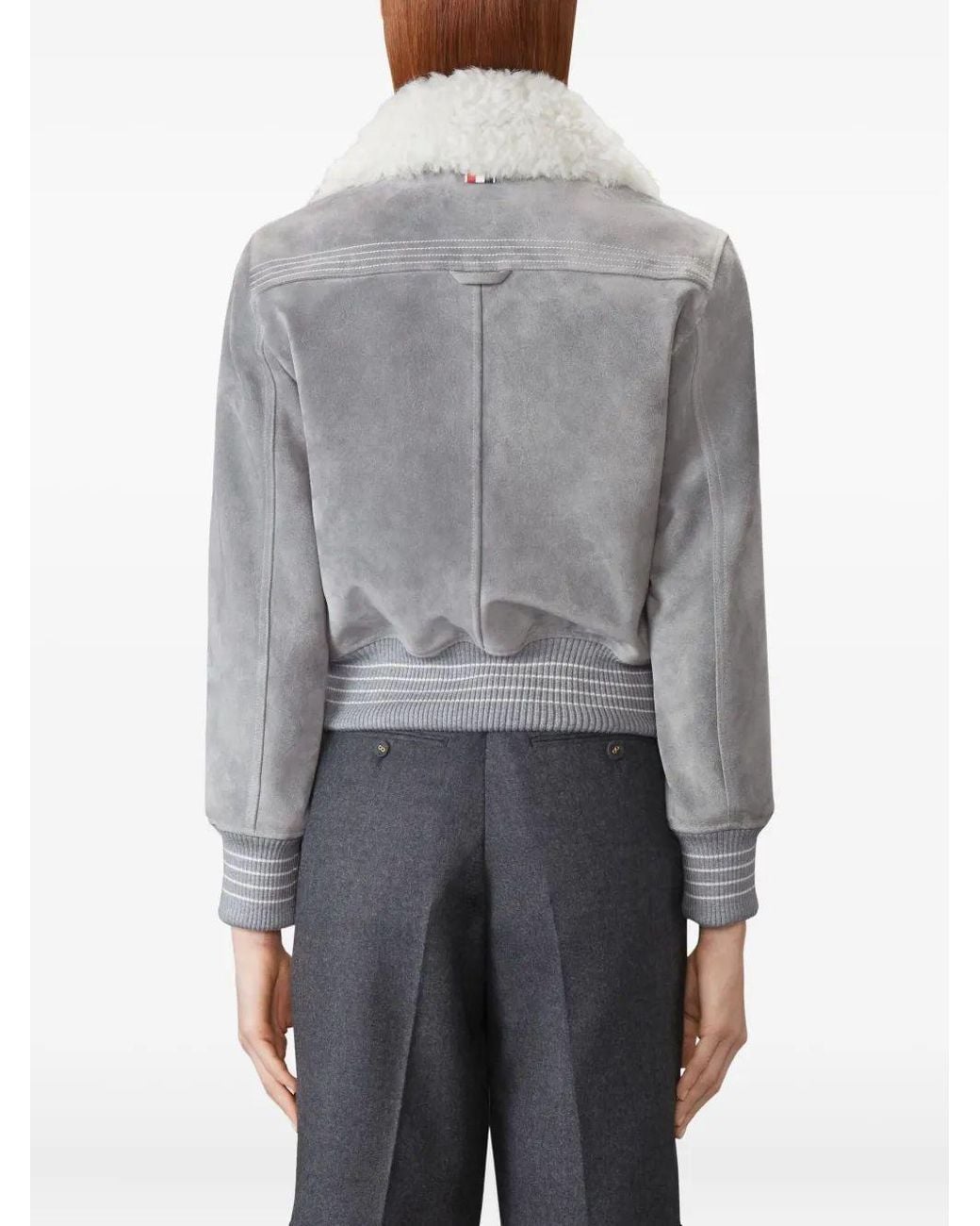 Thom Browne Gray Cropped Flight Jacket W/ Shearling Collar