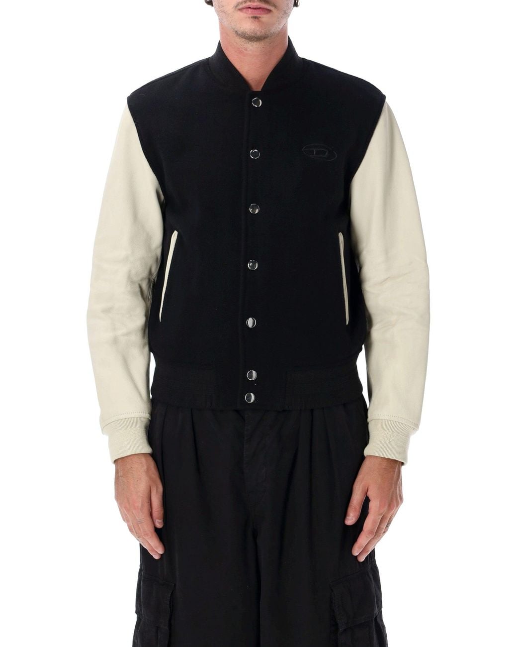 DIESEL Black Wool-Blend Bomber Jacket With Leather Sleeves for men