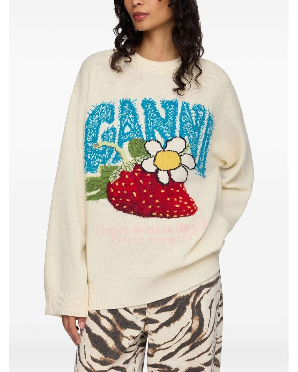 Ganni White Wool Crewneck Sweater