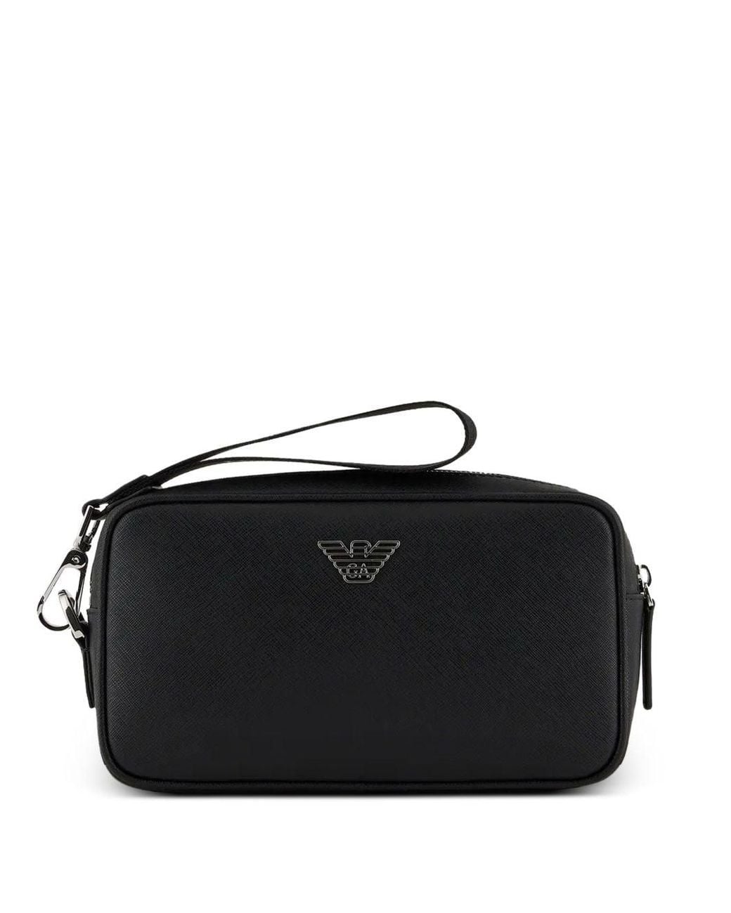 Emporio Armani Black Regenerated Saffiano Leather Beauty Case With Eagle Plate for men