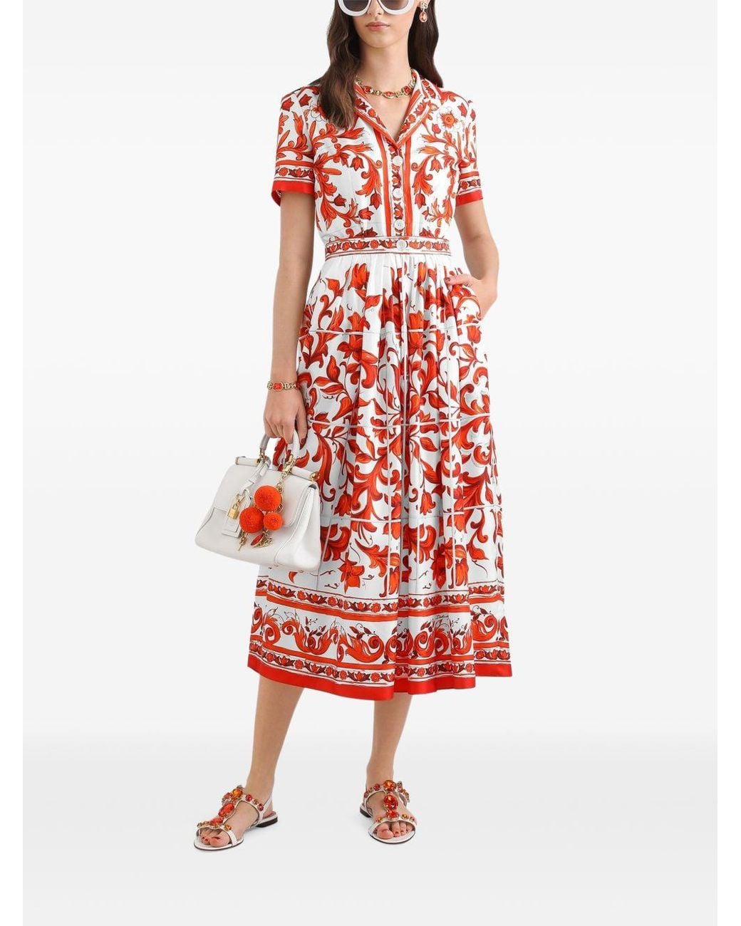 Dolce & Gabbana White Maiolica Print Silk Maxi Dress