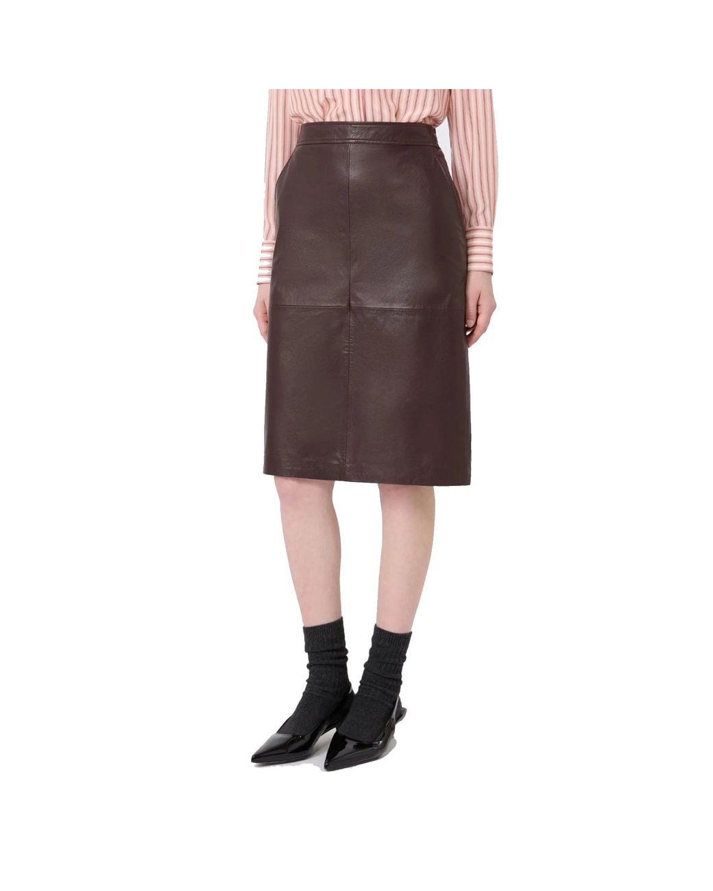 Max Mara Brown Studio Timore Leather Pencil Skirt