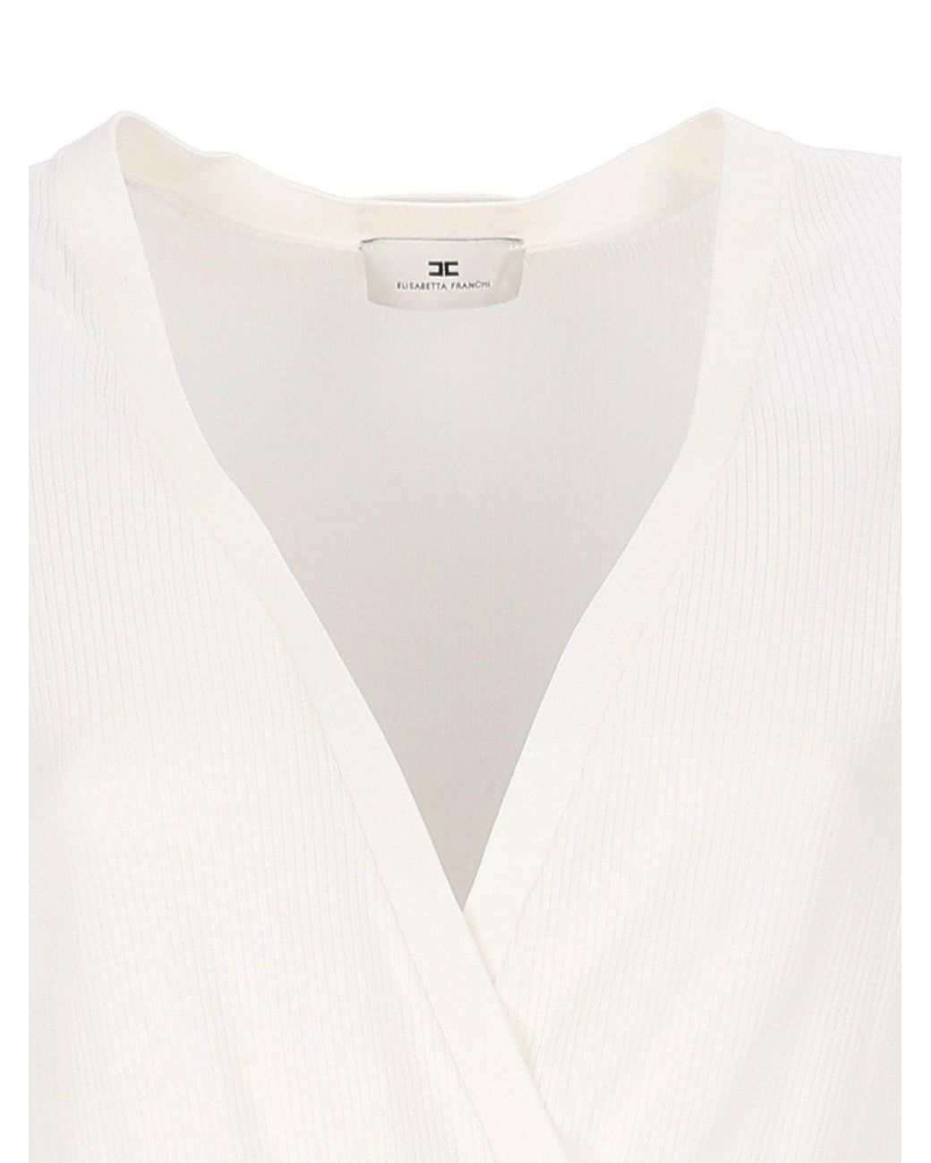 Elisabetta Franchi White Long-Sleeved Bodysuit With Deep V-Neckline And Ribbed Texture
