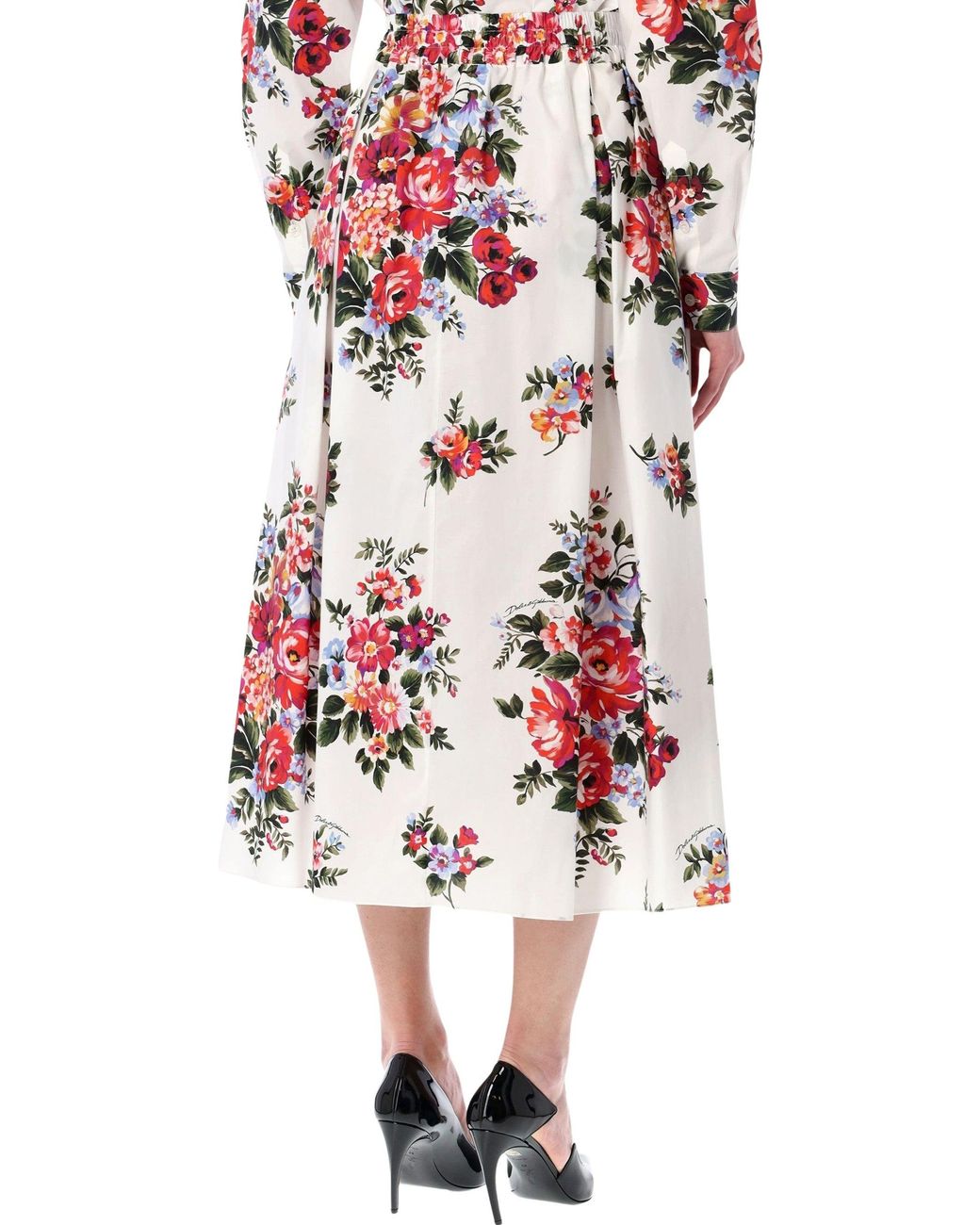 Dolce & Gabbana Red Floral Poplin Midi Skirt Cotton
