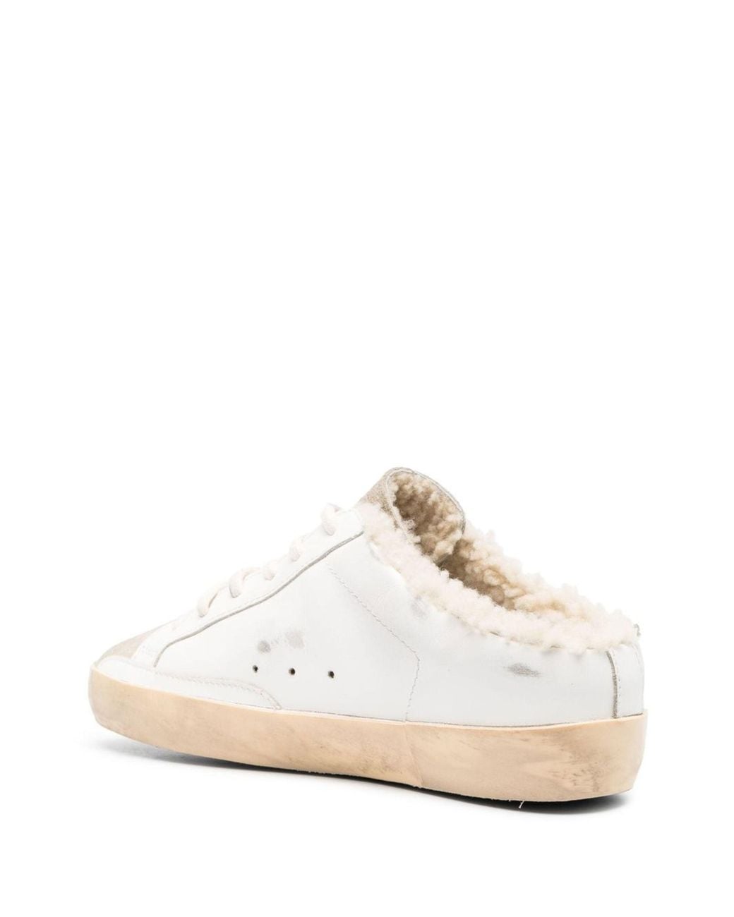 Golden Goose Deluxe Brand White Super Star Sabot Leather Upper Suede Toe Shiny Leather Star Shearling Lining
