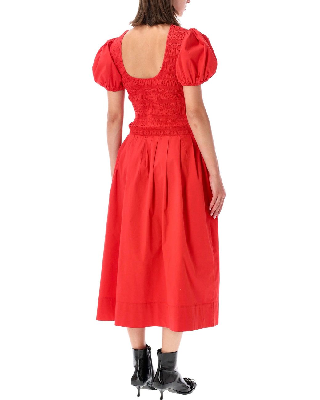 Ganni Red Smocked Cotton Midi Dress