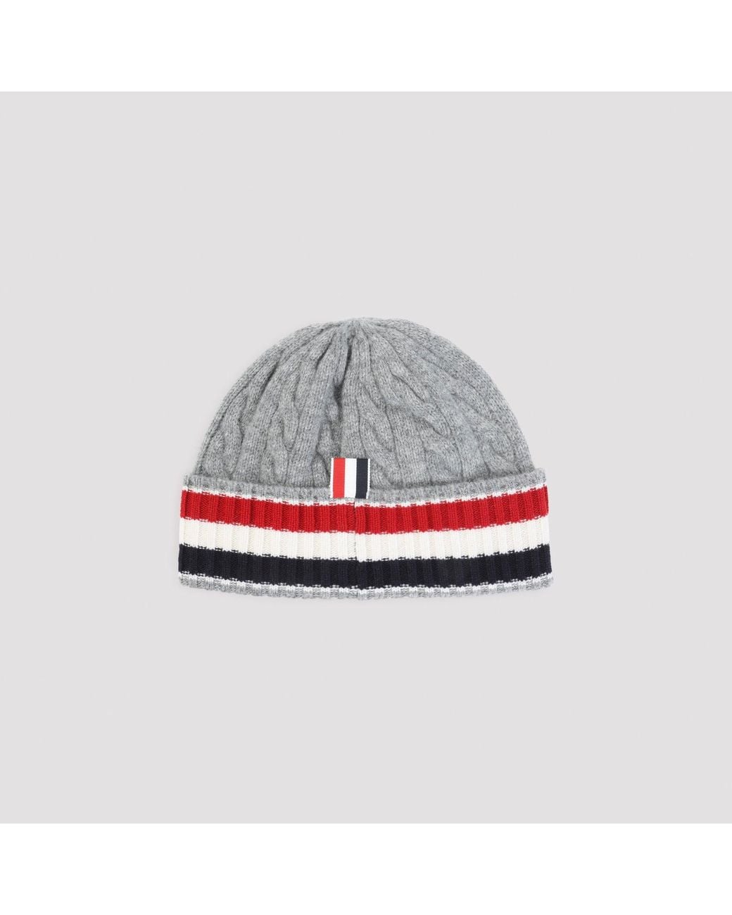 Thom Browne Gray Cable Knit Striped Wool Beanie for men