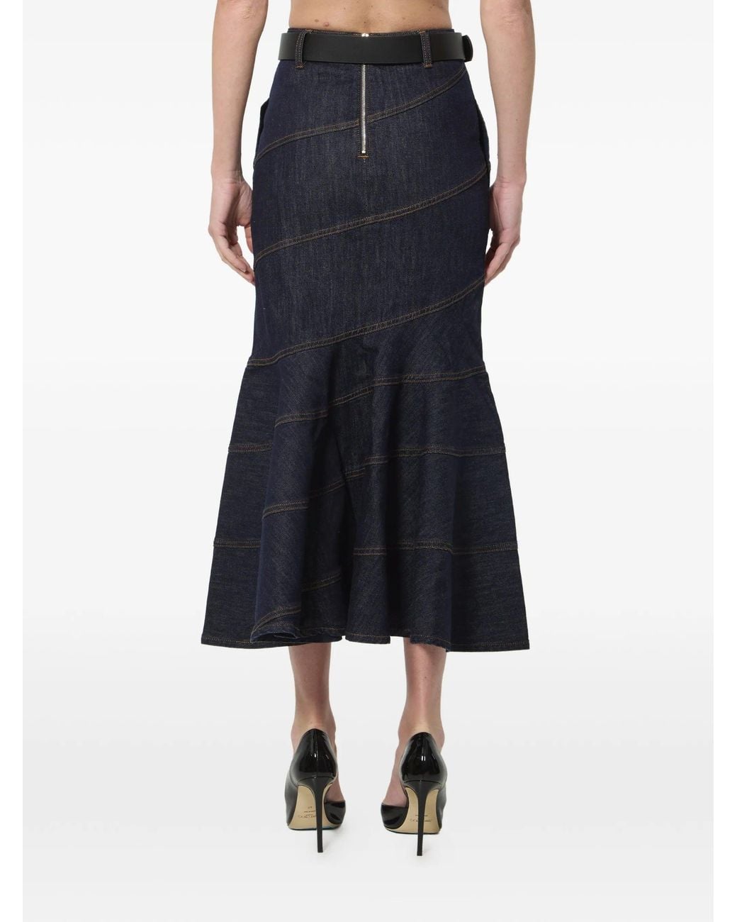 Self-Portrait Blue Denim Belted Midi Skirt