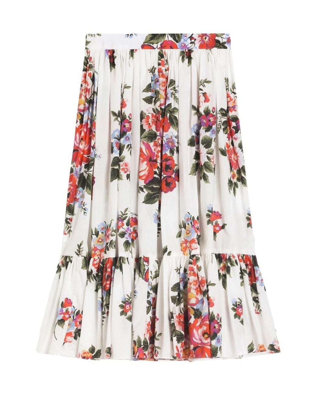 Dolce & Gabbana Red Flower Bouquet-Print Poplin Skirt