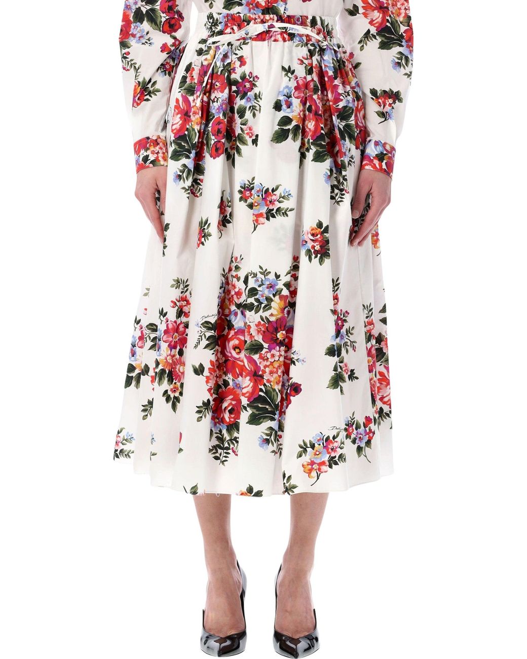 Dolce & Gabbana Red Floral Poplin Midi Skirt Cotton