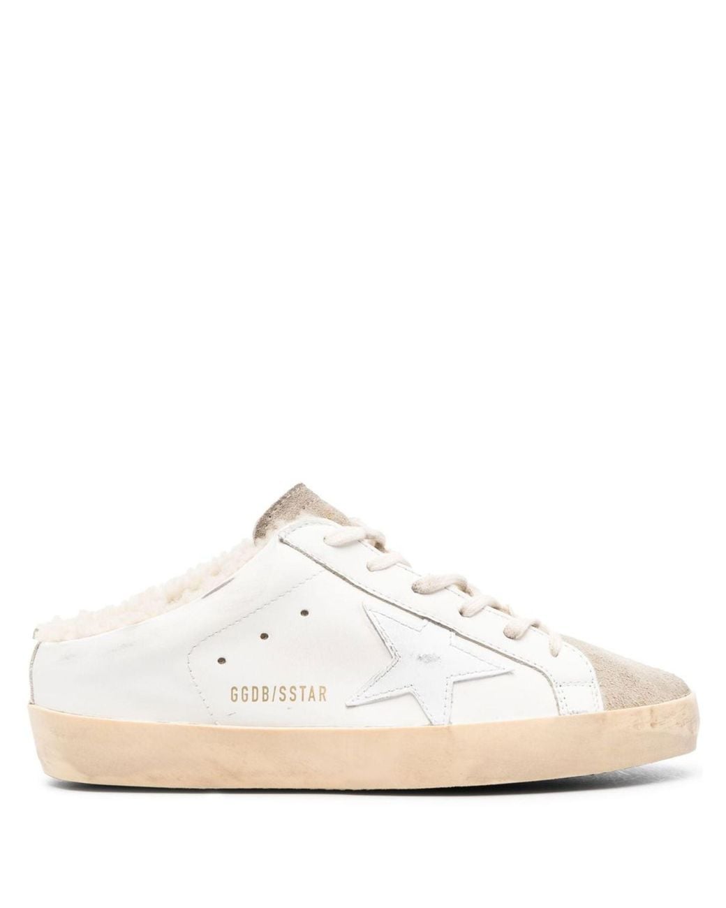 Golden Goose Deluxe Brand White Super Star Sabot Leather Upper Suede Toe Shiny Leather Star Shearling Lining