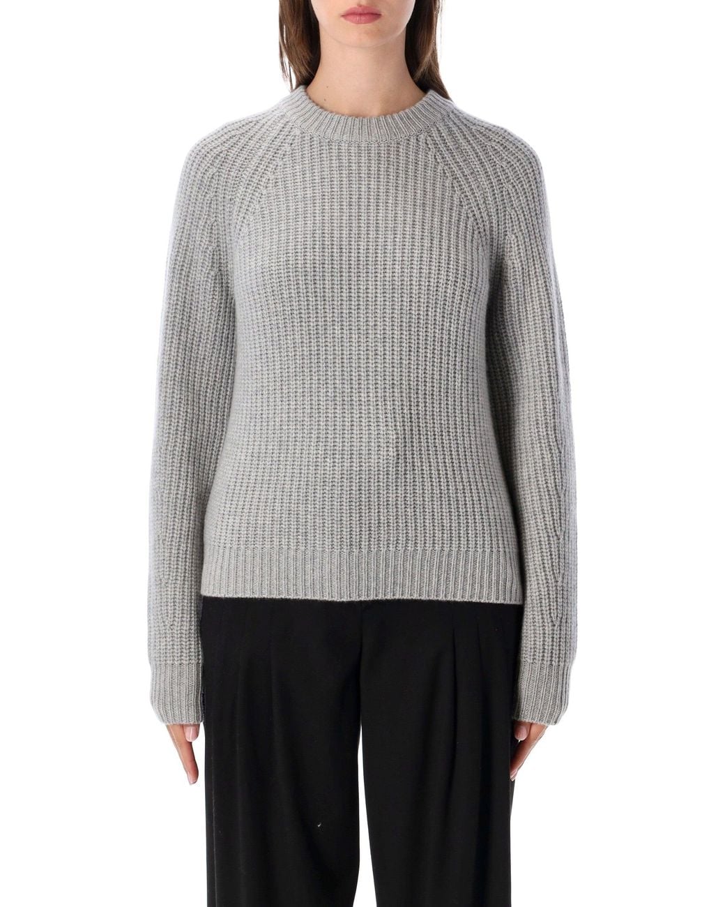 Lisa Yang Gray Miki Cable Ribbed Knit Crewneck Sweater