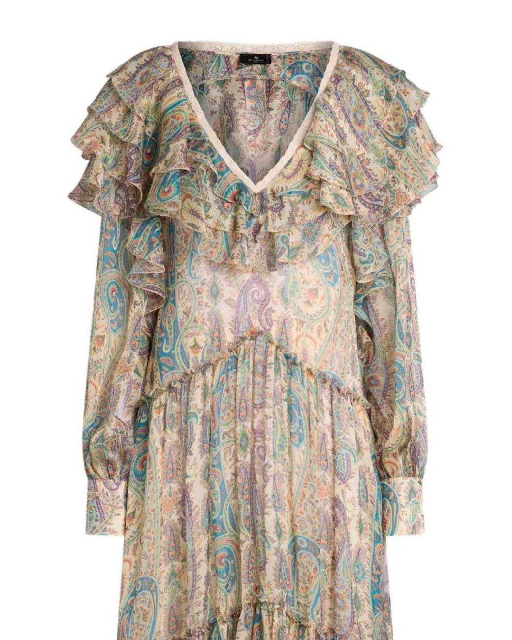 Etro Natural Long Silk Dress With Paisley Print And Ruffled Details