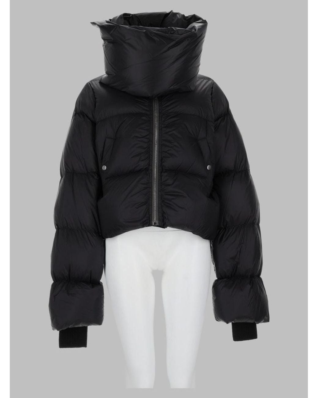Rick Owens Black Cropped Puffer Jacket With High Padded Collar And Quilted Sleeves