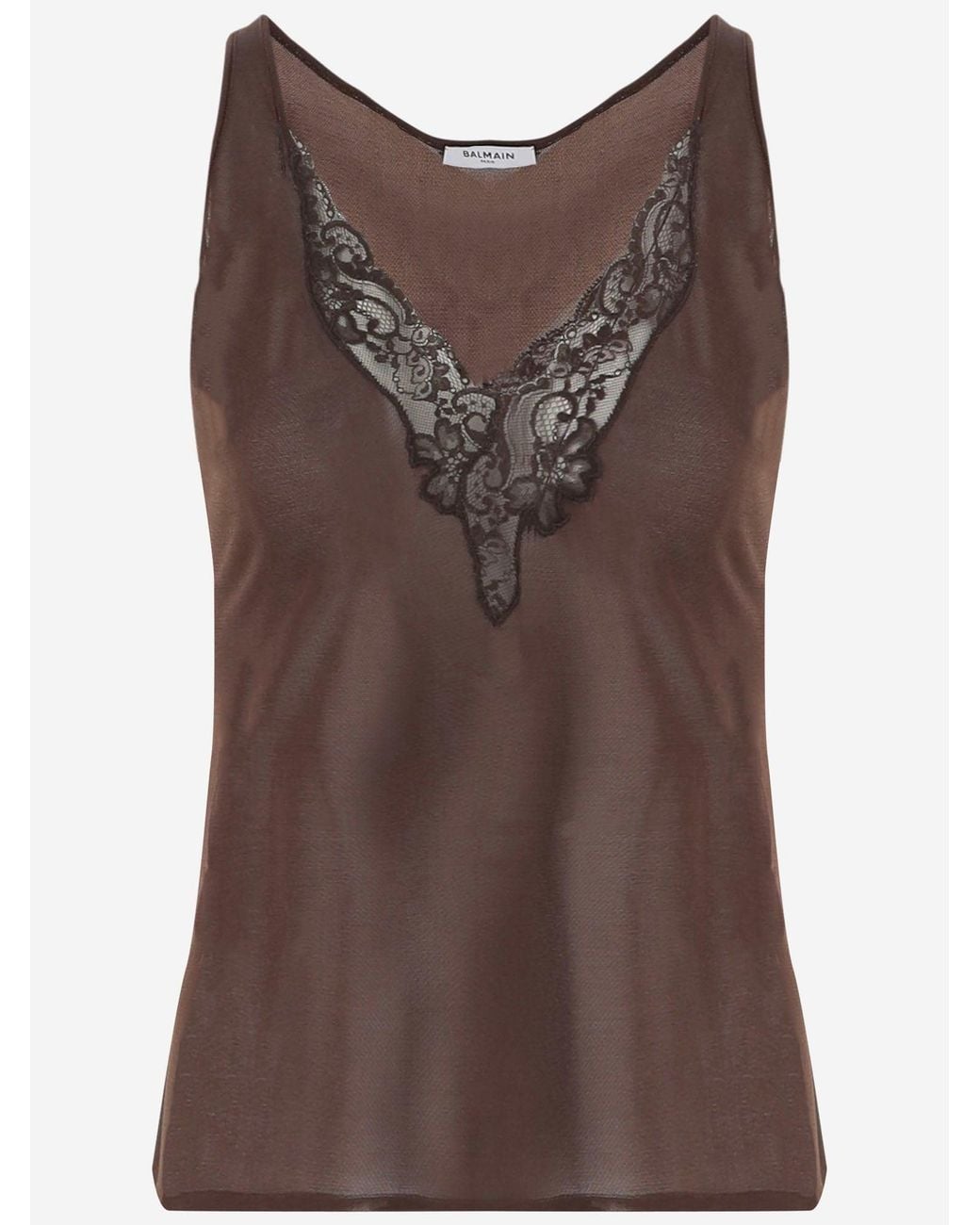 Balmain Brown Viscose Top With Lace V Neck