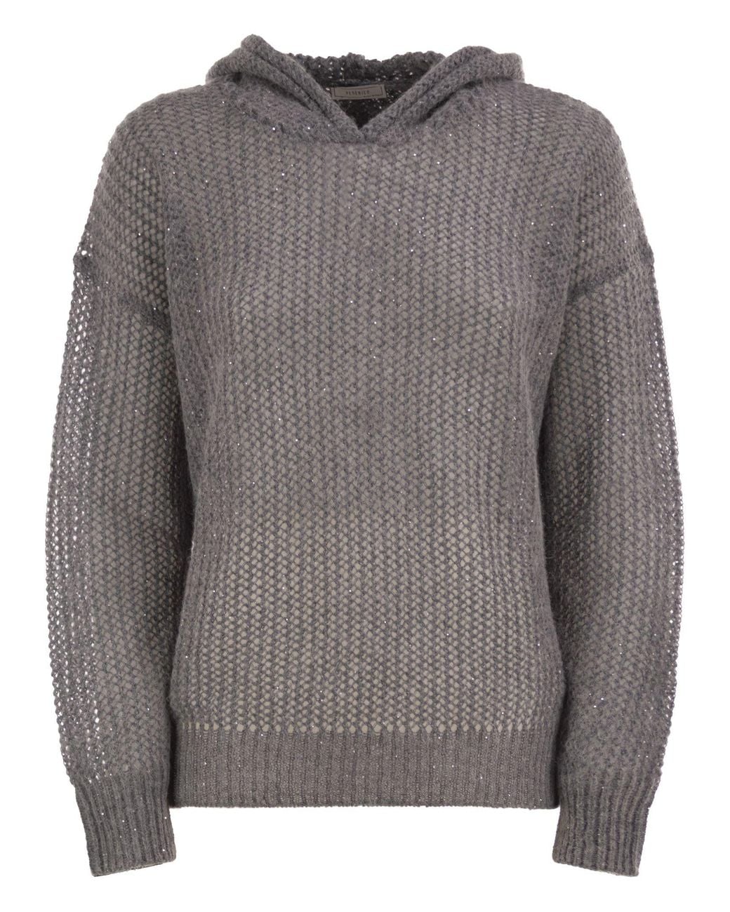 Peserico Gray Hooded Open-Knit Jumper With Sequins