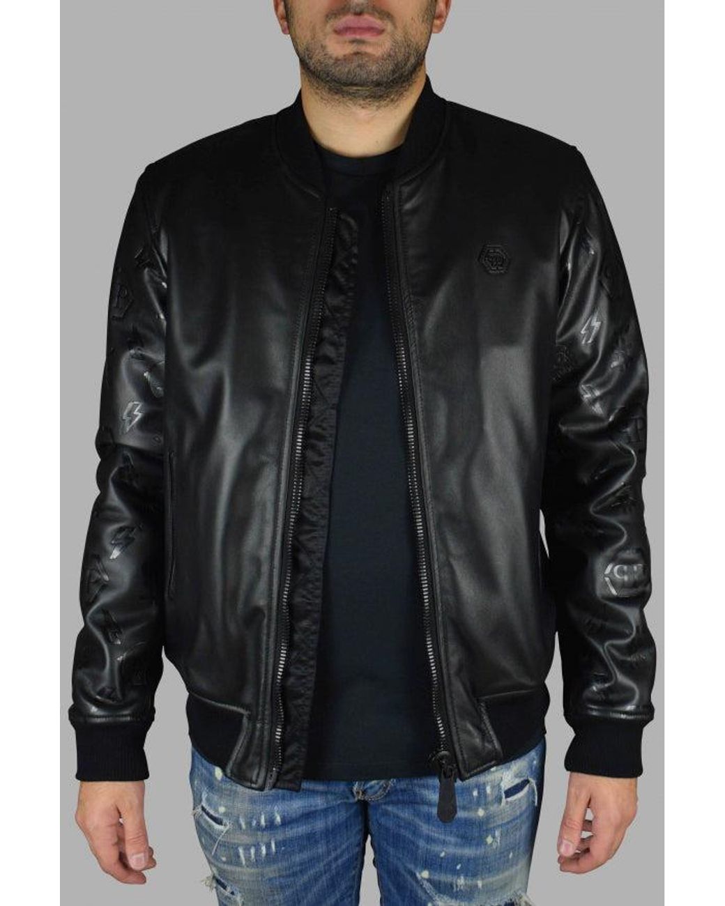 Philipp Plein Black Leather Bomber Jacket for men