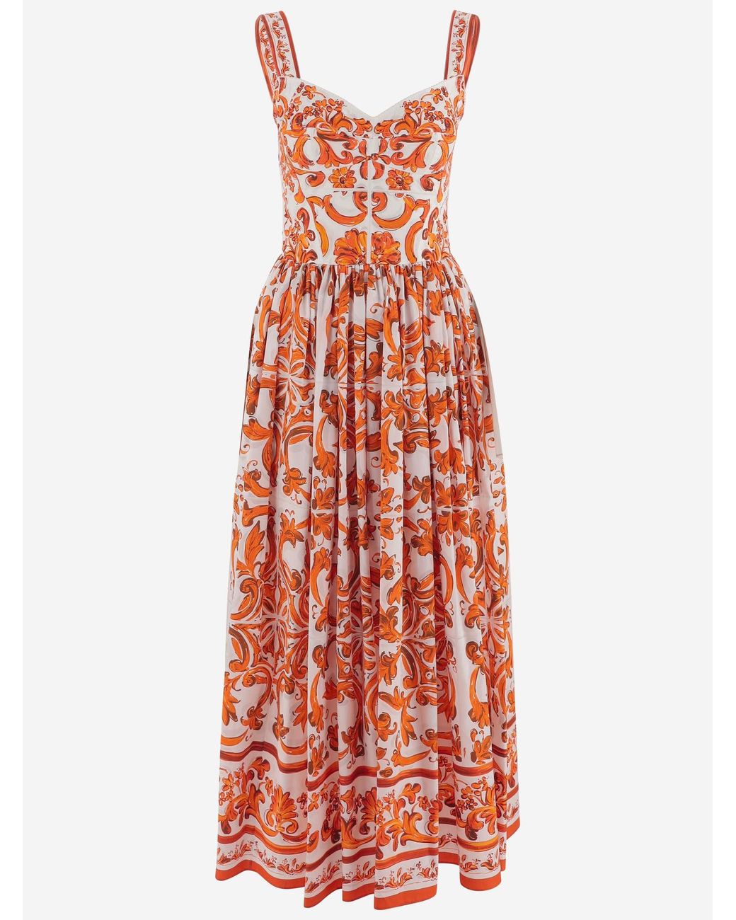 Dolce & Gabbana Red – Langes Kleid aus Baumwollpopeline mit Majolika-Print