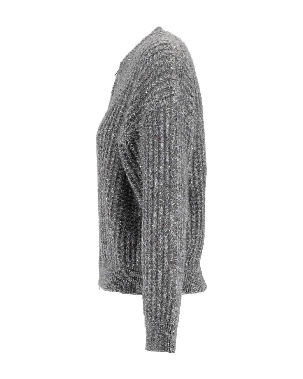Peserico Gray Ribbed Knit Zip-Through Knit Cardigan