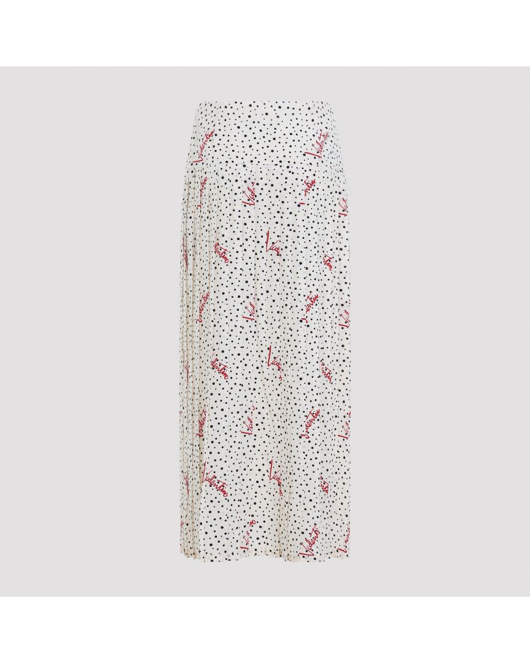 Valentino White Plissé Silk Polka-Dot Midi Skirt