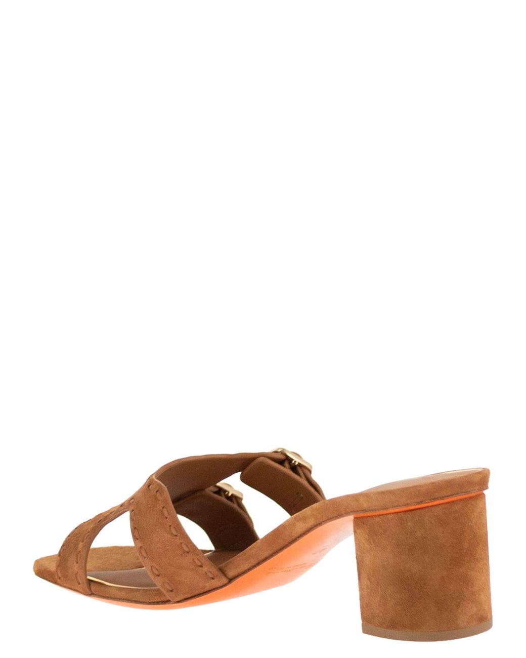 Santoni Brown Suede Mule Sandals With Double Buckle And Block Heel