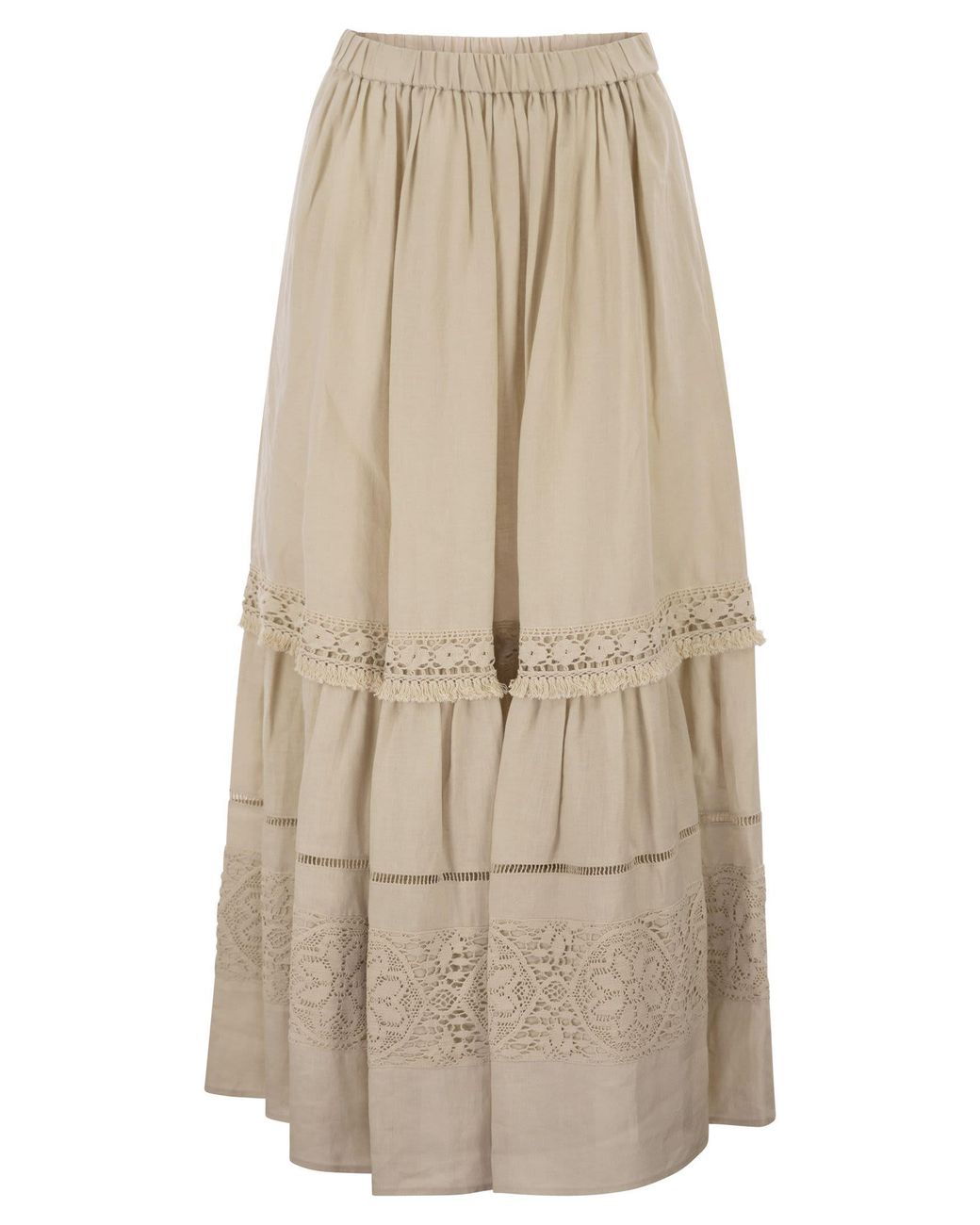 Weekend by Maxmara Natural Weekend Maxmara Wkipallore – Long Linen Skirt With Lace Inserts