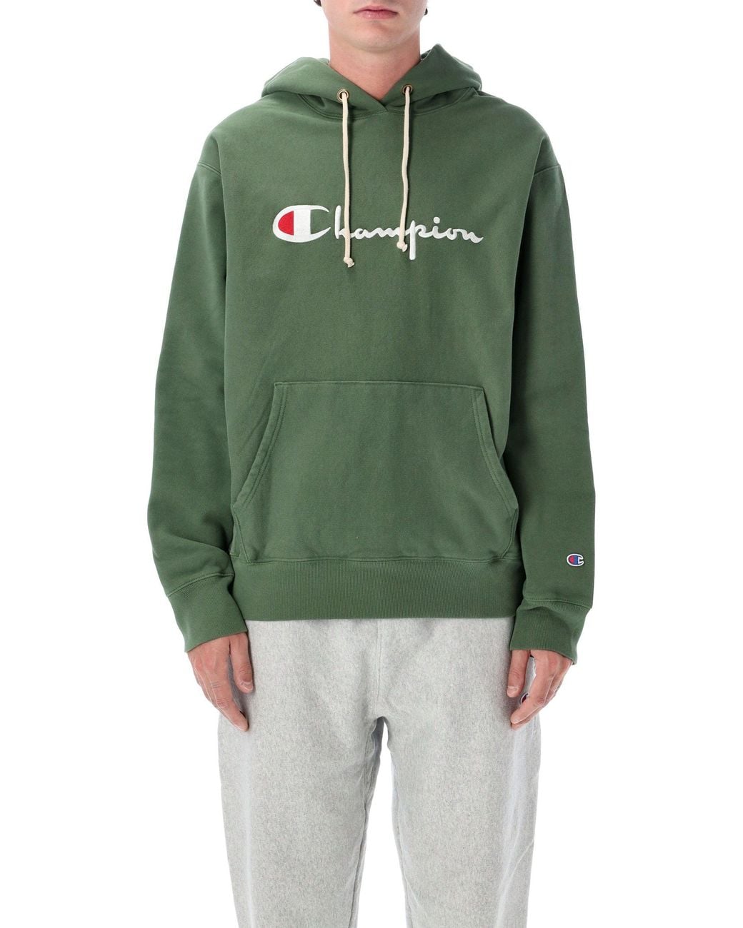 Champion Green Reverse Weave Fleece Relaxed Fit Hoodie With Embroidered Chest Logo
