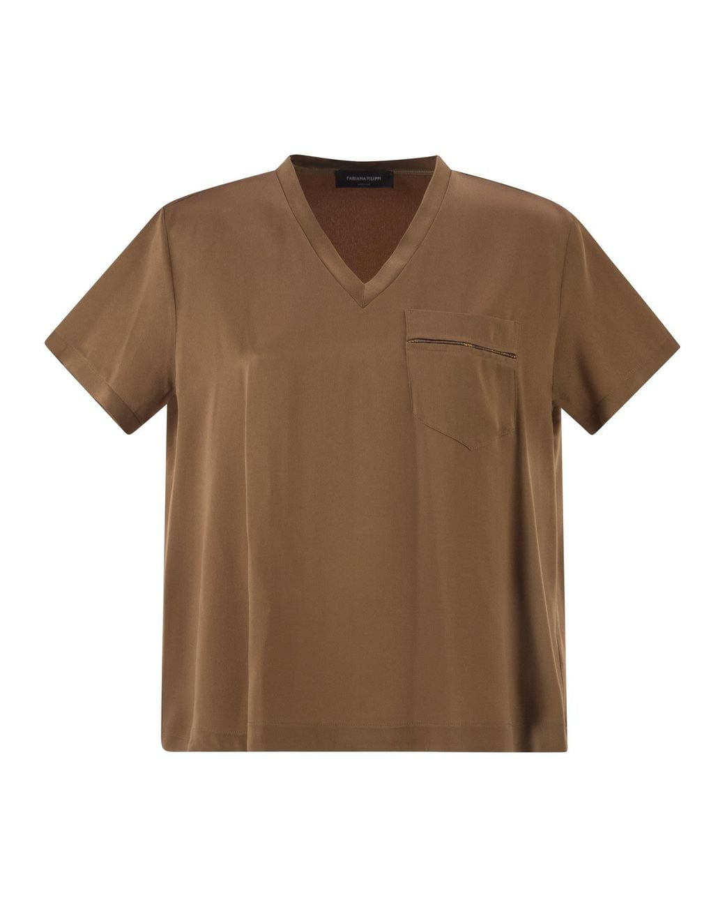 Fabiana Filippi Brown V-Neck Satin Top With Elegant Pocket