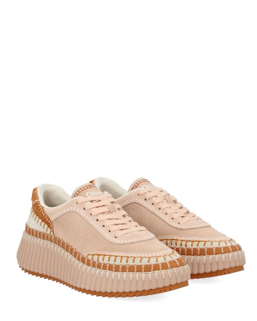 Chloé Pink Nama Embroidered Leather-Trimmed Suede Platform Sneakers