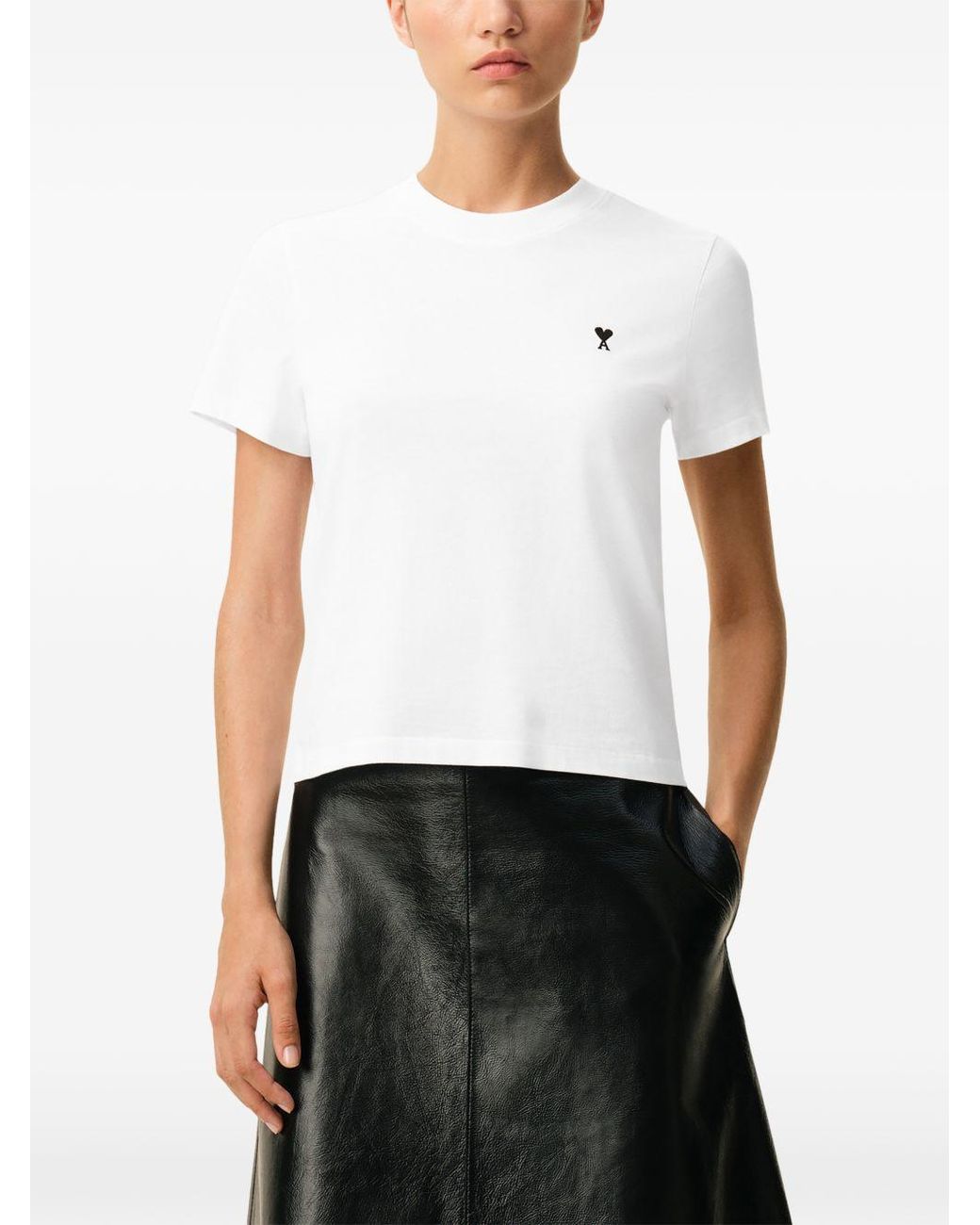 AMI White Cropped Contrasted "Ami De Coeur" T Shirt
