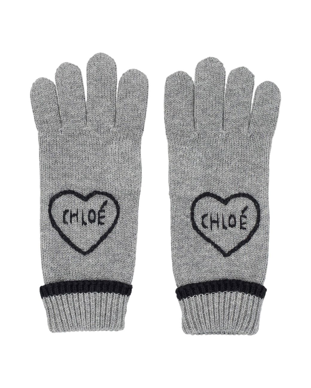 Chloé Gray Girl Knit Gloves With Embroidered Logo