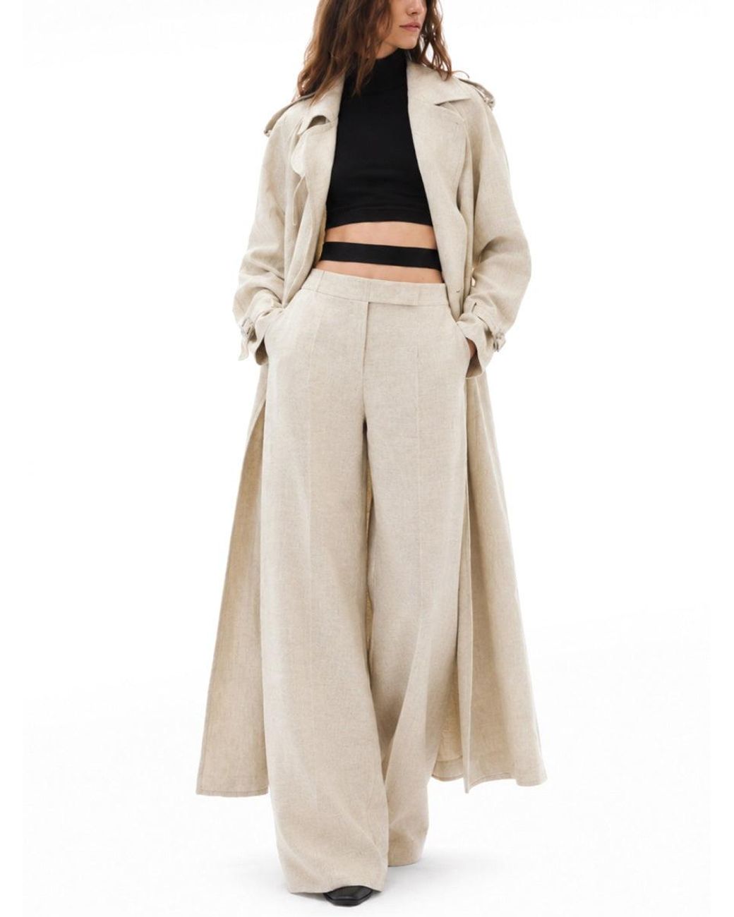 Max Mara Gray Double-Breasted Linen Drill Trench Coat