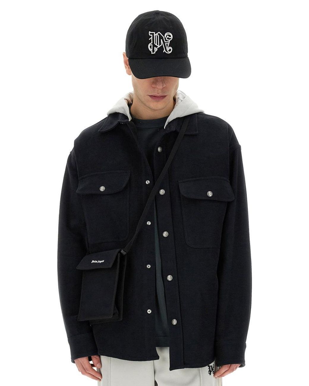 Palm Angels Black Shirt-Jacket With Monogram for men