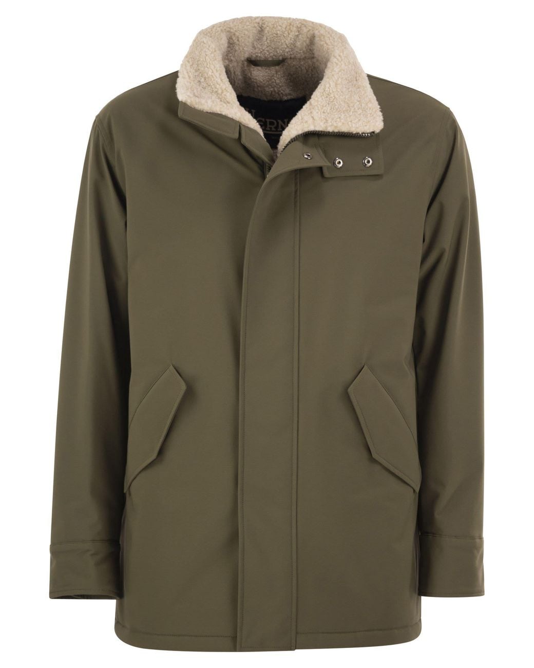 Herno Green Soft Shell Coat With Shearling-Effect Lining for men