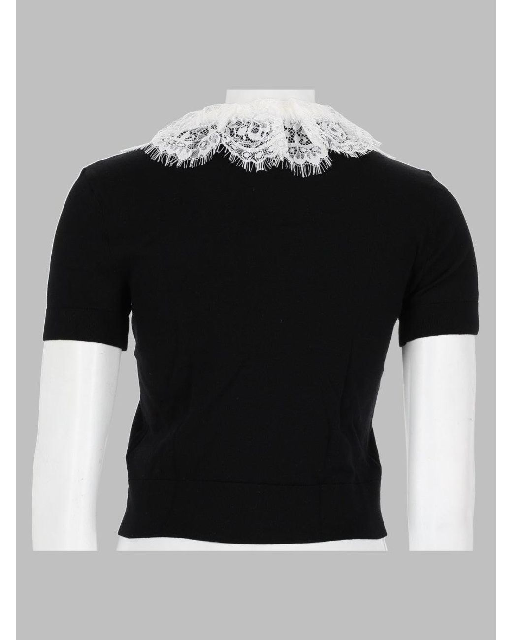 Self-Portrait Black Short-Sleeved Lace Details Wool Top