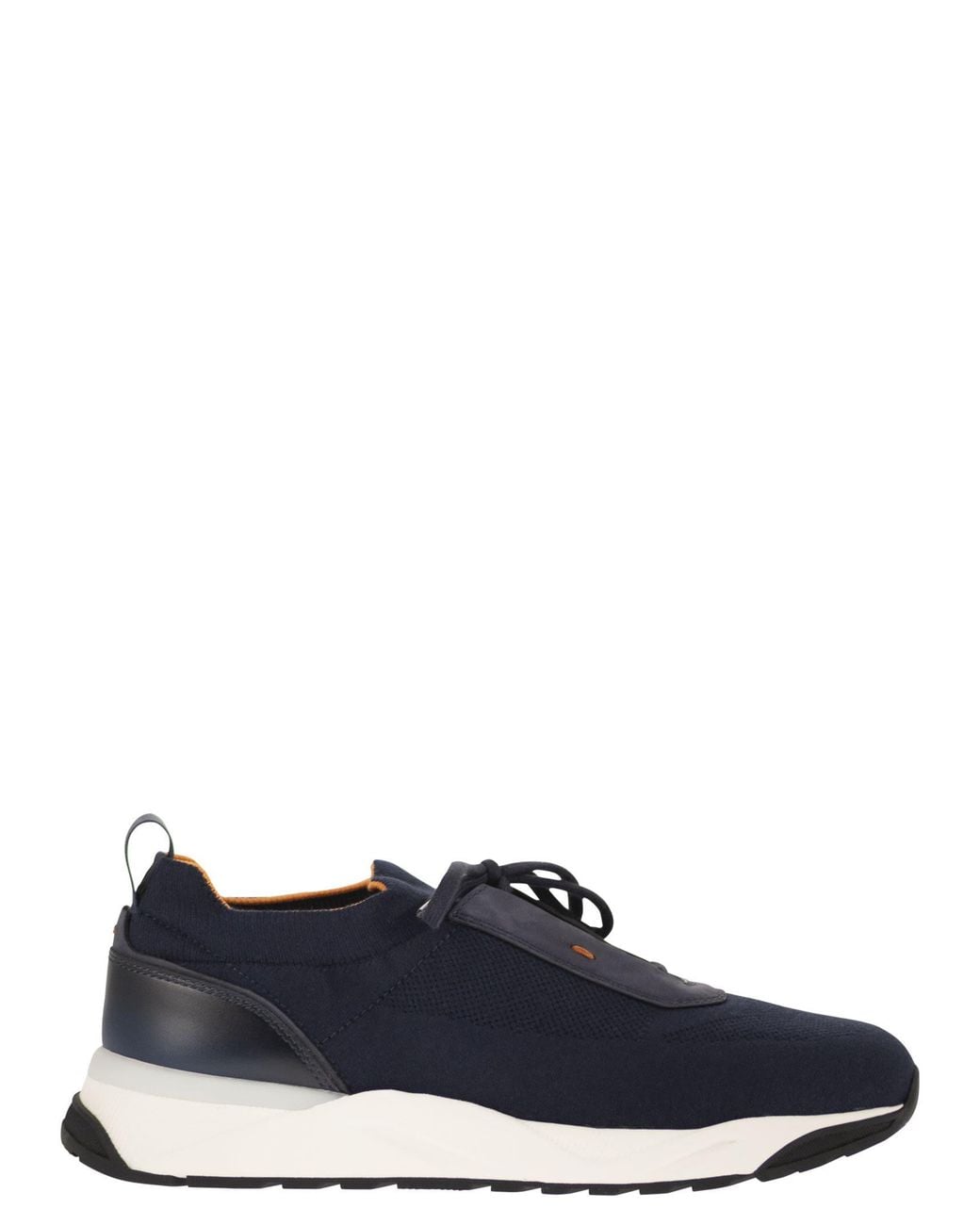 Santoni Blue Textile And Leather Trainers With Raised Sole for men
