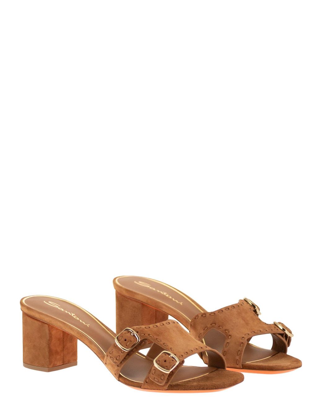 Santoni Brown Suede Mule Sandals With Double Buckle And Block Heel