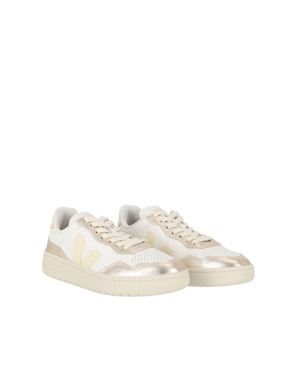 Veja White V-90 Metallic Accent Low-Top Sneakers
