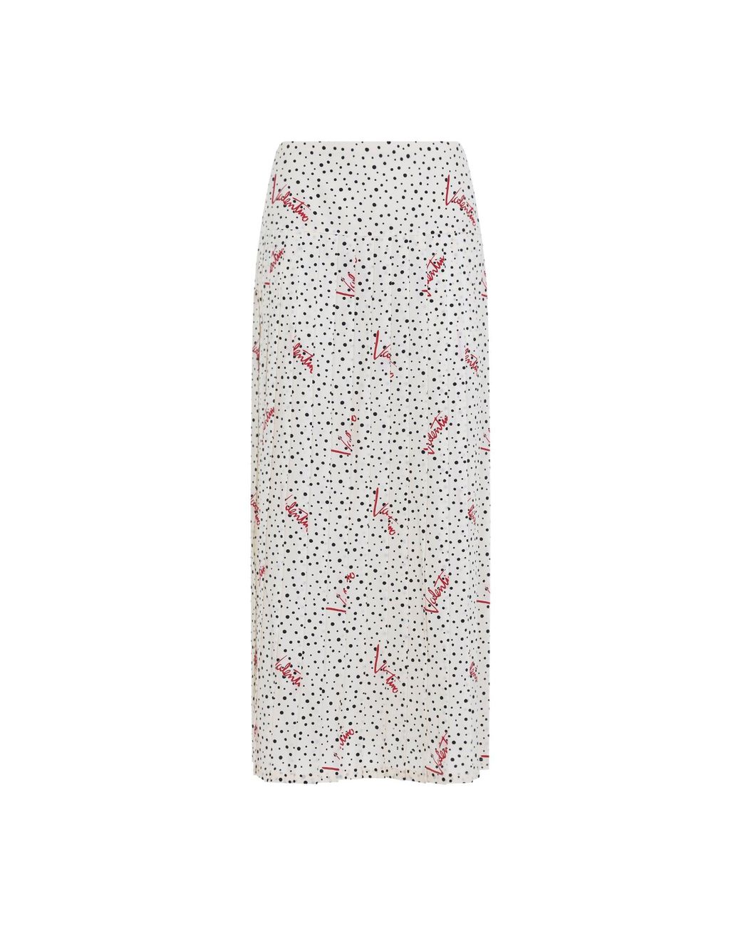 Valentino White Plissé Silk Polka-Dot Midi Skirt