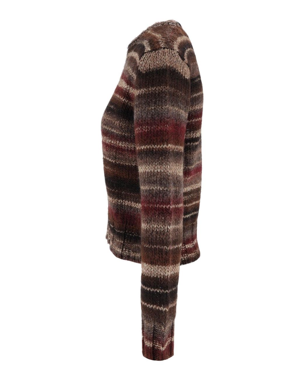 Kangra Cashmere Brown Horizontal Striped Printed Yarn Crewneck Sweater