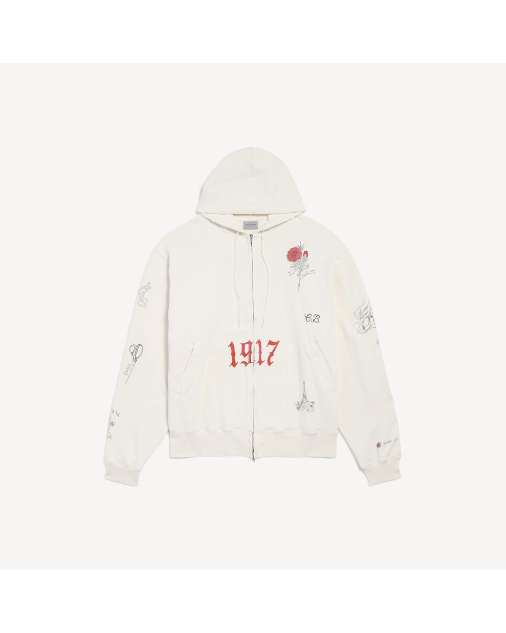 Balenciaga White Tattoo Oversized Zip-up Hoodie for men