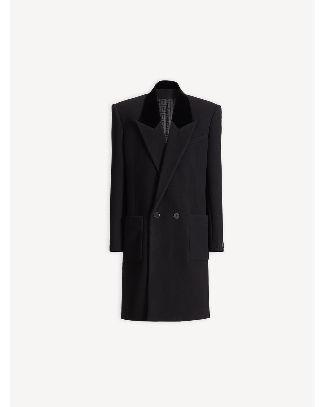 Balmain Black Long Wool And Velvet Coat for men
