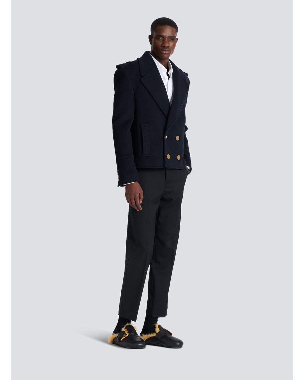 Balmain Blue Cropped Wool Reefer Jacket for men