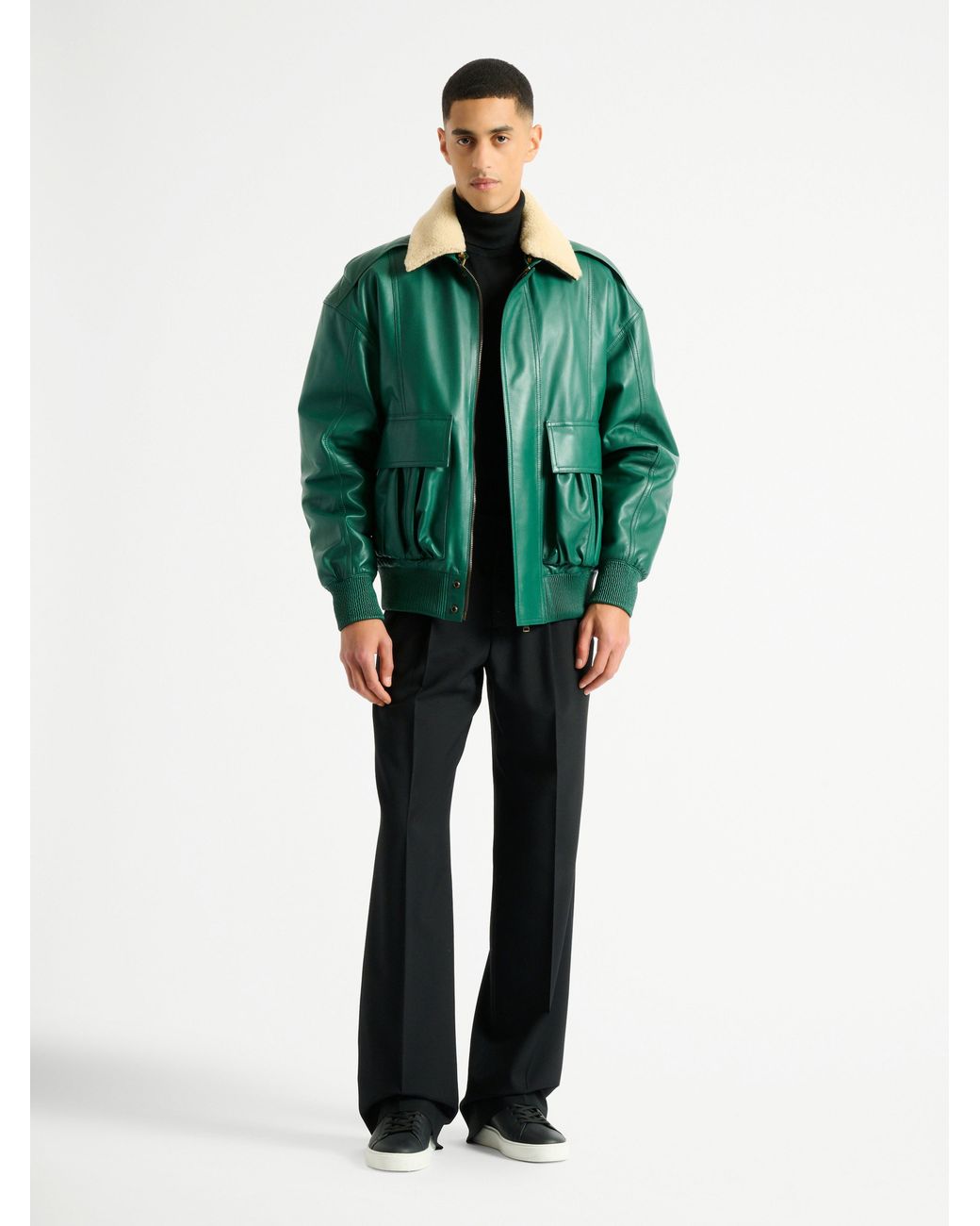 Balmain Green Shearling Leather Bomber Jacket for men